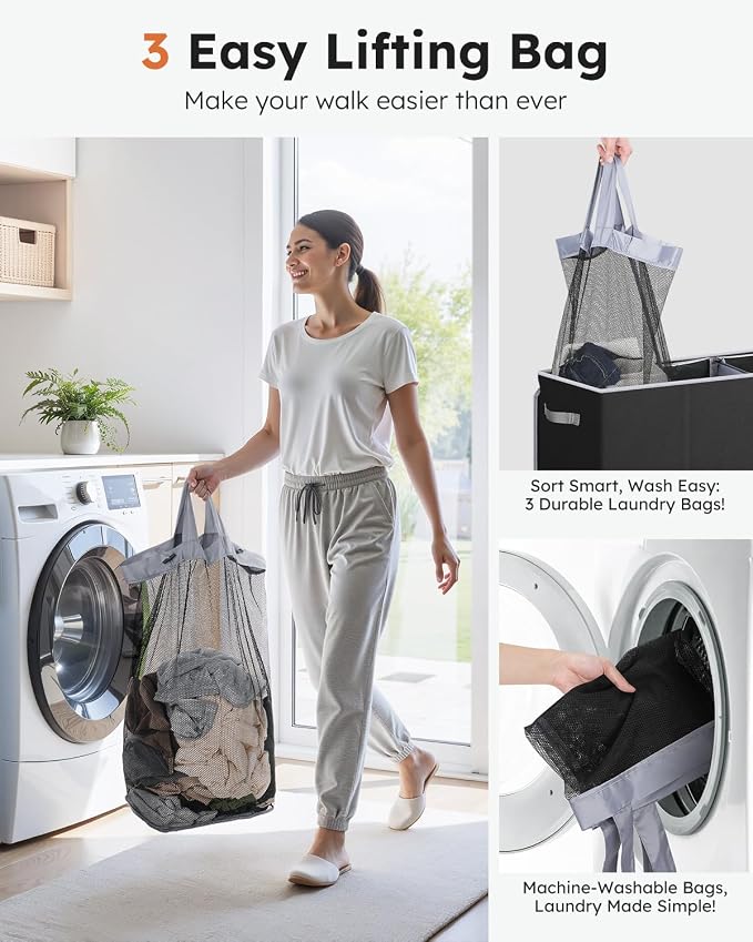 SOLEDI Large Laundry hamper 3 Section with Laundry Bag, XL Clothes Basket | 3-Section Large capacity Laundry Sorter with Odor-Blocking Lid, Robust Iron Frame & Waterproof 600D Fabric, 3 Washable Bags