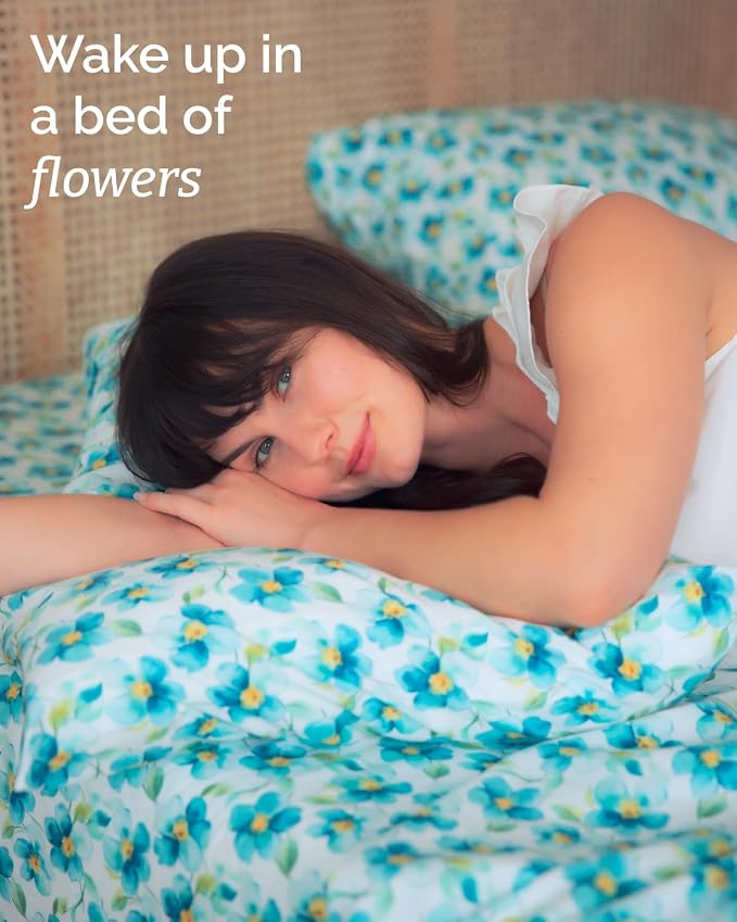 King 4 Piece Floral Sheet Set - Breathable & Cooling - Blue Meadow Bloom | 1 Flat, 1 Fitted & 2 Pillowcases w/ Deep Pockets, Boho Botanical Floral Bedding, Breathable & Cooling, Wrinkle & Fade Free