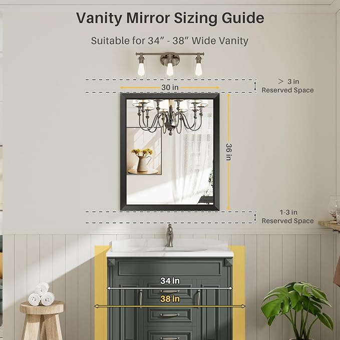 Black Metal Framed Bathroom Wall Mirror, 36x30 Inch | Anti-rust, HD tempered glass, for bathroom vanity, bedroom, living room, horizontal or vertical mount