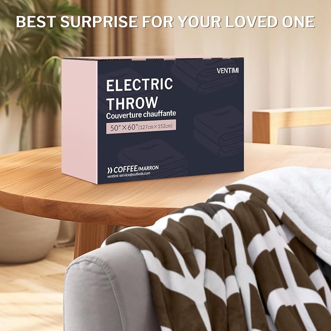 VENTIMI Heated Throw Blanket, 5 Heat Levels & 3 Hours Auto Off, Coffee | ETL & FCC, Fast Warming, 50" × 60", Flannel and Sherpa, Couch Office Use, Machine Washable, Removable Controller