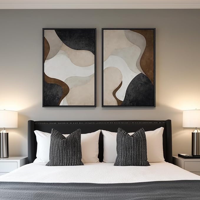 Large Framed Modern Abstract Wall Art for Living Room Set of 2, 24x36 In | Minimalist, Canvas prints, Neutral pictures, Beige brown, Black frame paintings, Bedroom, Dining room, Entryway wall decor