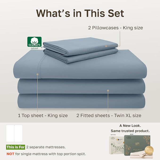 California Design Den 600 Thread Count Split King Bed Sheet Set, 5 Pcs Set | 100% Cotton Sateen, Good Housekeeping Seal, Split King Sheets Sets for Adj. Bed with 2 Sep. Twin-XL Mattresses - Pastel Blue