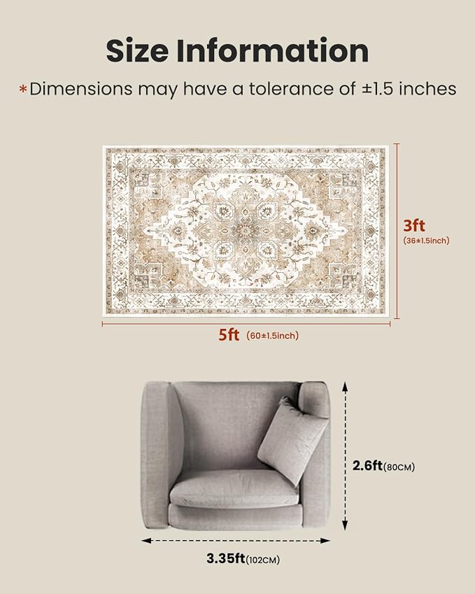 AMADA HOMEFURNISHING 3x5 Washable Area Rug, Low-Profile Entryway Rug with Non-Slip Backing & Durable Edge Binding, Vintage Rugs for Bedroom, Entryway & Kitchen