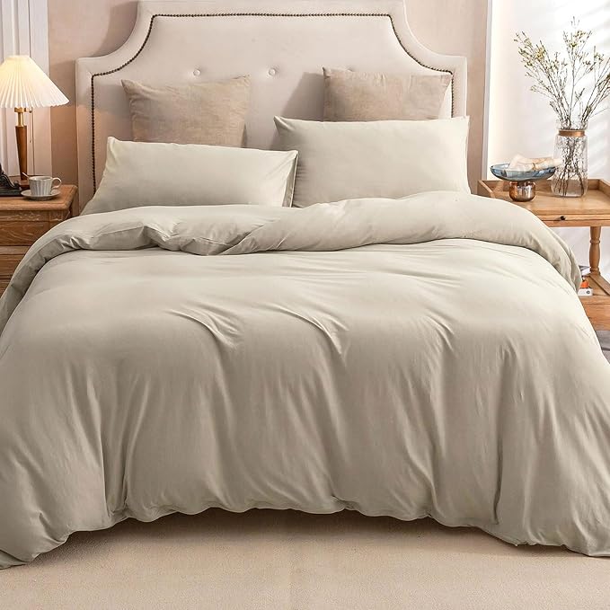 PURE ERA Jersey Knit Sheet Set Solid Dark Beige Twin | 100% Cotton, 3 Piece Set, T Shirt Soft, Breathable, Envelope Closure Pillowcases, Hidden Zipper, 8 Ties, No Insert, Modern