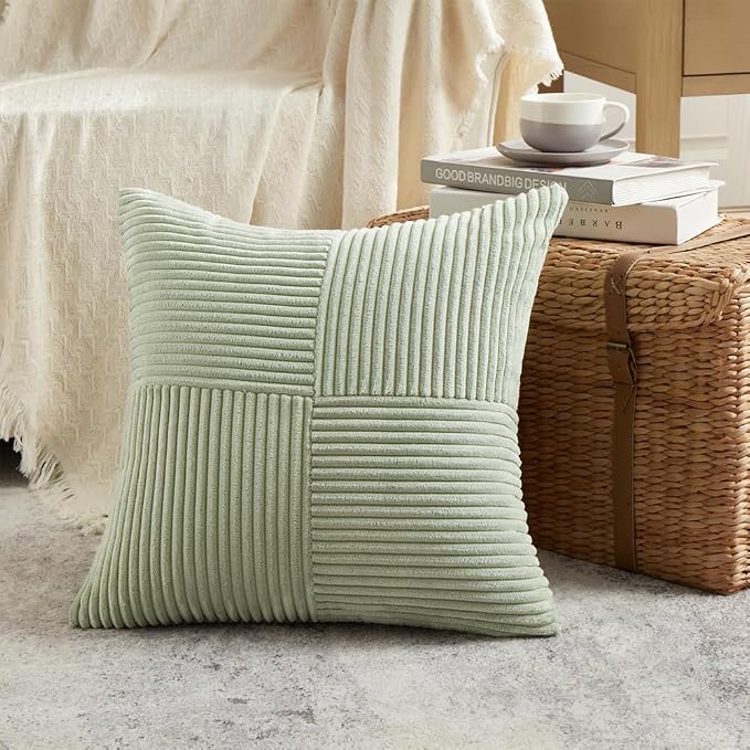 Fancy Homi 2 Packs Sage Green Samll Decorative Throw Pillow Covers 12x12 Inch with for Couch Bed Sofa, Rustic Farmhouse Boho Home Decor, Soft Corss Patchwork Corduroy Square Cushion Case 30x30 cm