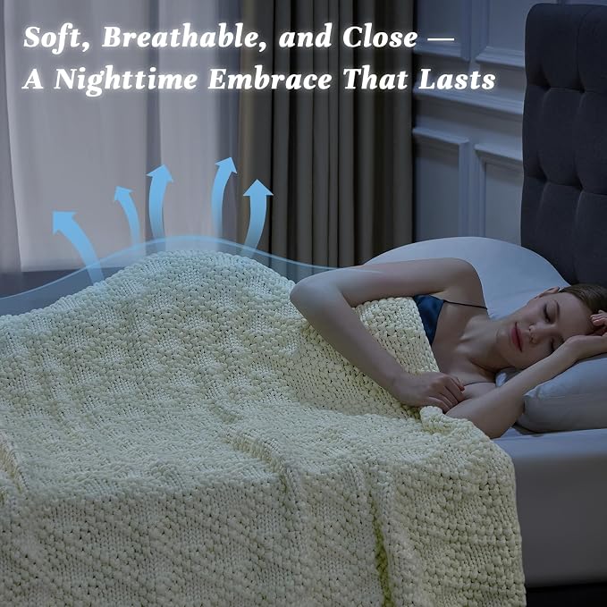 Anysay Knitted Weighted Blanket for Adult, Chunky Knit Throw 40''*60'' 7lbs | Cooling Weighted Blanket for Sleep Breathable Machine Washable Fall Heavy Blanket for Room Decor(Ivory White)