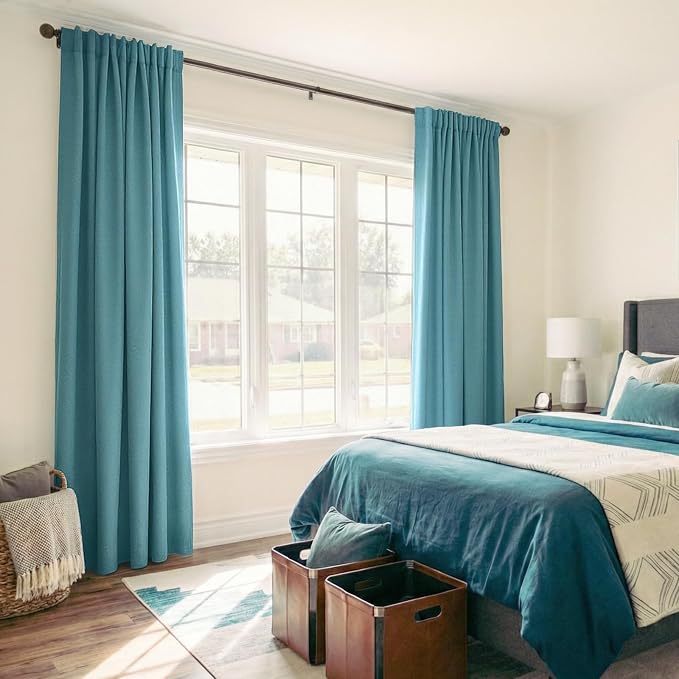 Faux Linen Total Blackout Curtains for Bedroom 90 Inches Long, Dark Cyan | 100% Blackout Shield, Back Tab/Rod Pocket Living Room Drapes, Thermal Insulated Blackout Curtains 2 Panels Set, 50"W x 90"L
