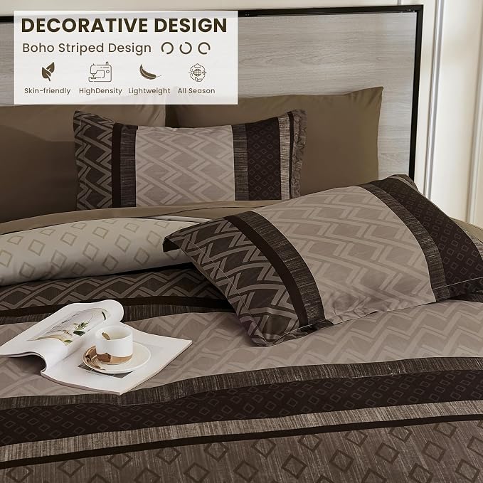 Cottolester Boho Fall Comforter Set Queen Size,Striped Bed in a Bag | Light Brown Plaid Comforter Set,7 Piece Soft Microfiber Bedding Sets