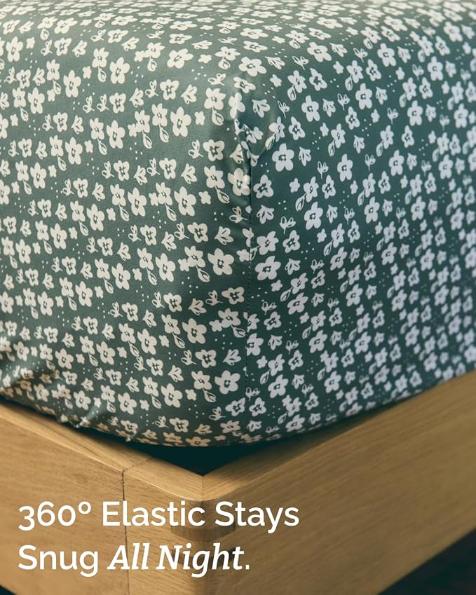 Twin 3 Piece Floral Sheet Set - Soft, Breathable & Cooling - Green Meadow | 1 Flat, 1 Fitted & 1 Pillowcase w/ Deep Pockets, Boho Botanical Floral Bedding, Breathable & Cooling, Wrinkle & Fade Free