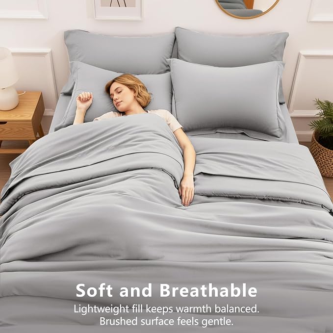 HIMEET King Comforter Set, 7-Piece Point-Quilted Bed in a Bag, French Grey | OEKO-TEX Certified, Lightweight 240 GSM Comforter, Flat Sheet, 14-Inch Deep-Pocket Fitted Sheet, Pillowcases & Shams