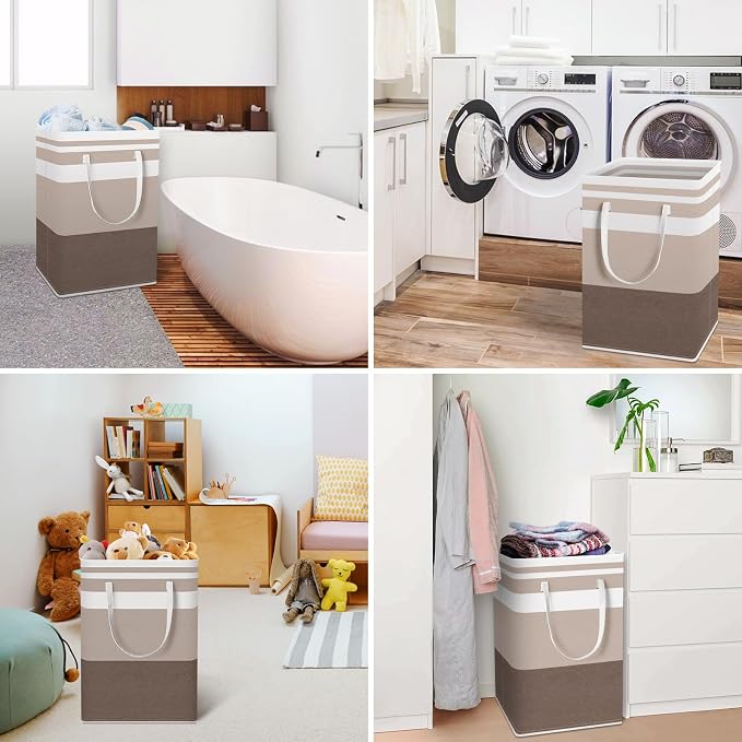 HomeHacks 2 Pack Large Laundry Baskets, Laundry Hampers Bags (Khaki 75Lx2) | Waterproof, Freestanding, Collapsible Clothes Hamper with Reinforced Handles in Laundry Room, Dorm, Bathroom, Bedroom