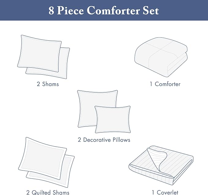 Madison Park Marina Comforter Quilt Combo Set - Modern Luxury Design, All Season Down Alternative Bedding, Matching Shams, Decorative Pillows, Full/Queen(90"x90"), Seersucker Blue 8 Piece | All Season Down Alternative Bedding Set with Comforter, Shams,...