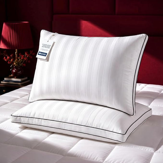 Blue Ridge Home Fashions Luxury Hotel Pillows Queen Size Set of 2 | Soft Touch firm support 500 Thread Count Damask Stripe Embroidered 100% Cotton Cover, Gusseted Down Alternative