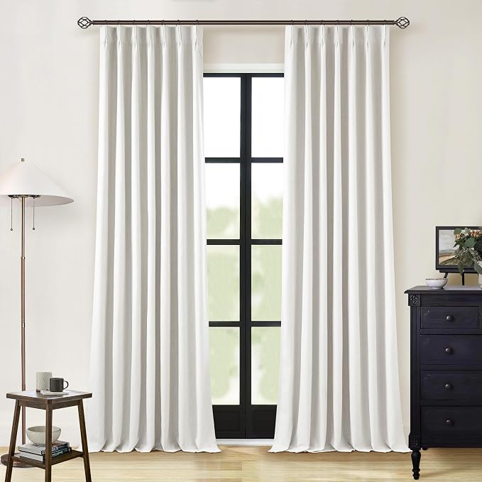 Linen Blackout Curtains 108 Inch Long 2 Panels Pinch Pleated Beige White | with Hooks Rings, 100% Black Out Noise Reducing, Heavy Duty Flax Linen, Ceiling Floor, for Living Room Office Bedroom 40x108