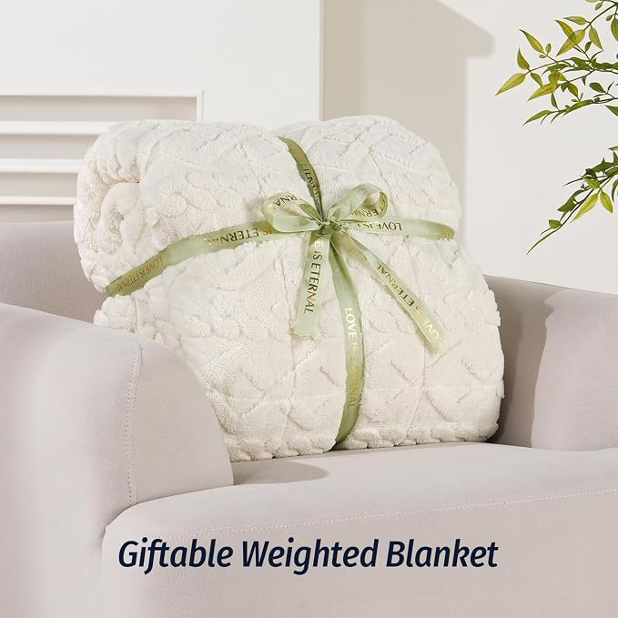 Weighted Blanket for Adults Queen Size 15 lbs 60" x 80" Cream White | Boost Sleep Quality, Relax Body & Mind, Dual Sided Soft Fuzzy Heavy Throw Blankets, Jacquard Knitted, Chunky Warm Fluffy