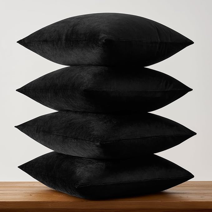 GIGIZAZA Pack of 4 Black Decorative Velvet Pillow Covers 18x18 | Throw Pillows for Couch Sofa,280gsm Soft Textured Fabric,Modern Accent Pillowcases,Luxury Living Room Cushion Covers