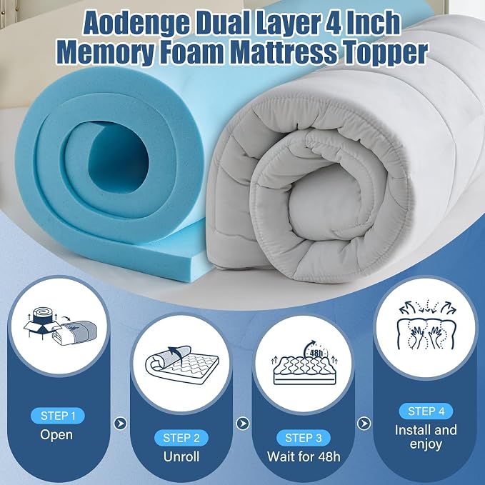 4 lnch Dual Layer Mattress Topper Full Size, 2 Inch Cooling Gel Memory Foam and 2 Inch Soft Pillow Top Mattress Pad Cover for Back Pain, with Elastic Deep Pocket