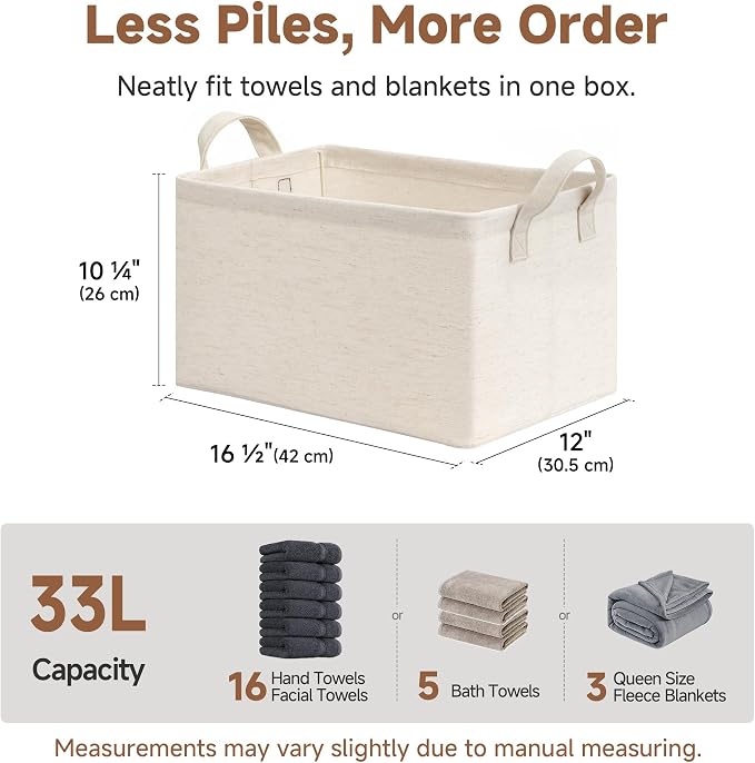 StorageWorks Linen Closet Organizers, Fabric Storage Bin, Beige, 2-Pack | Large, With Reinforced PU Handles, Metal Frame, Collapsible, Basket for Shelves, Closet, Holds Clothes, Towels, Blankets