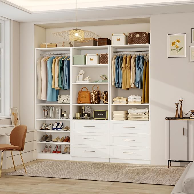 Closet System with 3 Sets, 6–15 FT Closet Organizer System with 6 Drawers, 9 Shelves & 5 Rods, Walk-In Modular Closet System, Custom Built-In Closet Kit, White