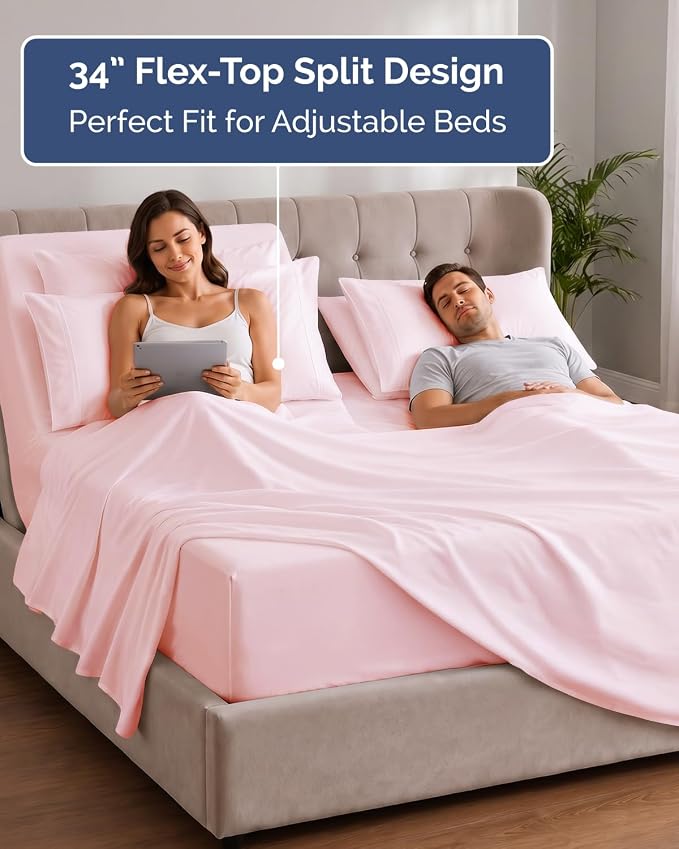Extra Deep Flex Top Split Head King Sheet Set - 6 Piece Breathable and Cooling Sheets - Hotel Luxury Bedding for Women, Men, Kids & Teens - Easy Secure Fit - Extra Deep Pockets - Lavender Pink