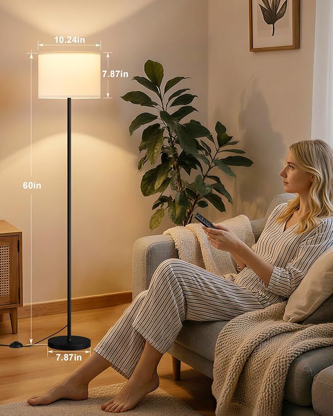 Ambimall Dimmable Floor Lamp with Remote, 9W 900LM LED Bulb Included | White Shade Black Pole, Lamps for Living Room Bedroom