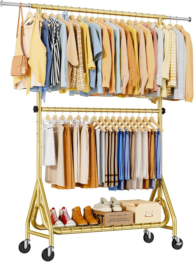 Heavy Duty Clothes Rack for Hanging Clothes, Double Rods Clothing Rack with Lockable Wheels, Rolling Garment Racks with Shelf, Easy to Assemble, Gold