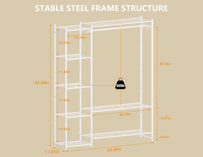 HOMIDEC Wardrobe Closet,Portable Clothes Rack with 4 Tiers Shelves | Freestanding Closet Organizers and Storage System with Hanging Rod,Steel Clothing Rack Suitable for Cloakrooms,Bedrooms.White