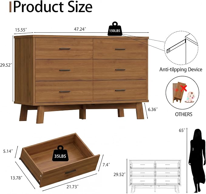 Dresser for Bedroom with 6 Drawer, Modern Chest of Drawers with X-Shaped Sturdy Base, Wide Wood Double Dresser Closet Clothes Storage Organizer, Wooden TV Stand for Living Room, Hallway, Walnut