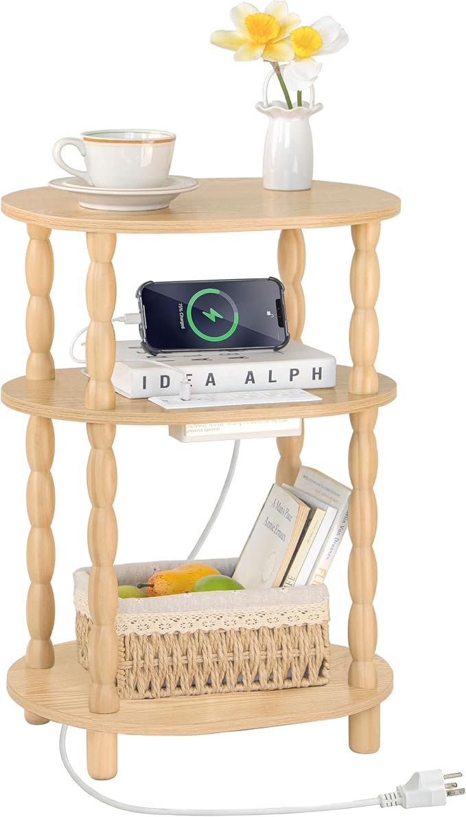 MaxSmeo End Table with Charging Station, Small Oval Side Table for Small Spaces, Modern Accent Table Night Stand with Charging Station for Living Room, Bedroom, Natural