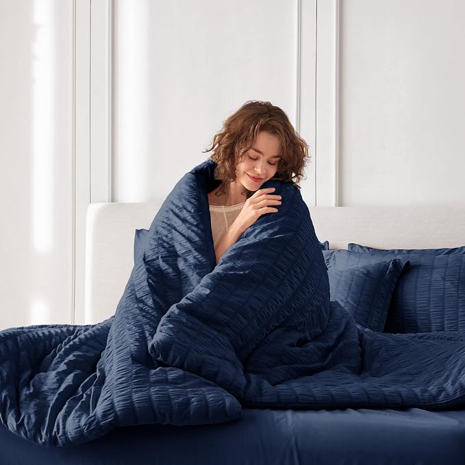 7 Pieces Oversized King Comforter Set, Seersucker Bed in a Bag Oversized King Size, All Season Luxury Bedding Set with Comforter, Flat Sheet, Fitted Sheet, Pillowcases & Shams, Navy Blue