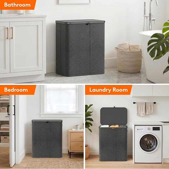 Lifewit 165L 3 Section Laundry Hamper with Lid, Laundry Basket, Dark Gray | Large Foldable Laundry Sorter with 3 Removable Bags, Tall Clothes Hamper for Bedroom and Bathroom