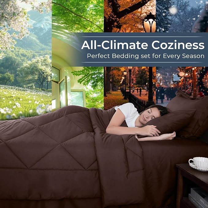 7-Piece Oversized King Comforter Set, Brown | Reversible, All-Season, Soft, 7 Piece Set, All-Season Reversible Bed in a Bag, Flat Sheet, Fitted Sheet, Pillowcases