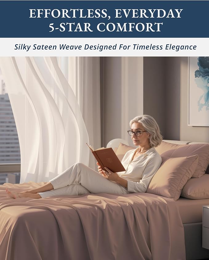LANE LINEN Cotton Sheets Queen 100% Egyptian Cotton Sateen - Sepia Rose | Queen Size Sheet Set - 4-Piece Set, For A Luxurious Night's Sleep, For A Silky Hotel-Style Bed, Guest-Ready Comfort