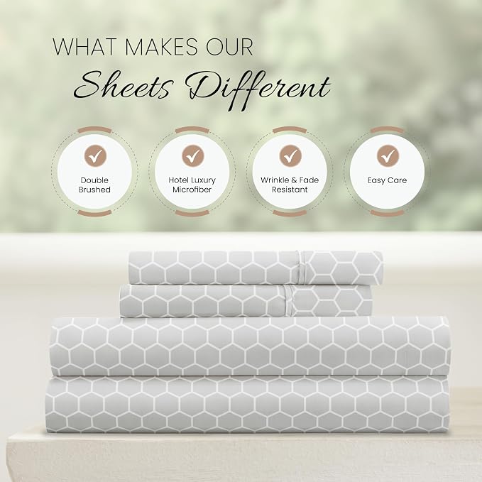 Linen Market Double-Brushed Patterned Microfiber California King Sheet Set 4 Piece – Oeko-TEX Certified Ultra Soft & Wrinkle-Free - 16" Deep Pocket Sheets Easy Care Cal-King Size - Honeycomb Gray