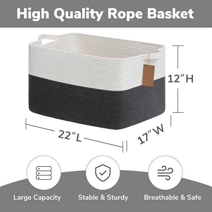 Goodpick 75L Extra Large Woven Rope Blanket Basket, Rectangle, Dark Gray | 22" × 17" × 12" Decorative Storage Basket for Blankets, Toys & Clothes, Fits Living Room, Bedroom & Nursery Organization