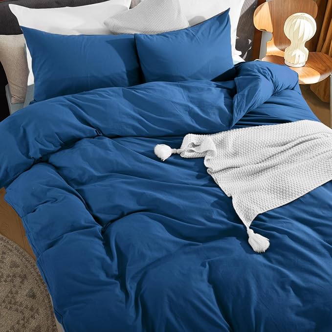 NEXHOME PRO 100% Washed Cotton Duvet Cover Super King 108"x98", Organic Natural Linen Look Textured 3 Pieces Bedding Set Royal Navy Klein Blue Breathable (No Comforter)