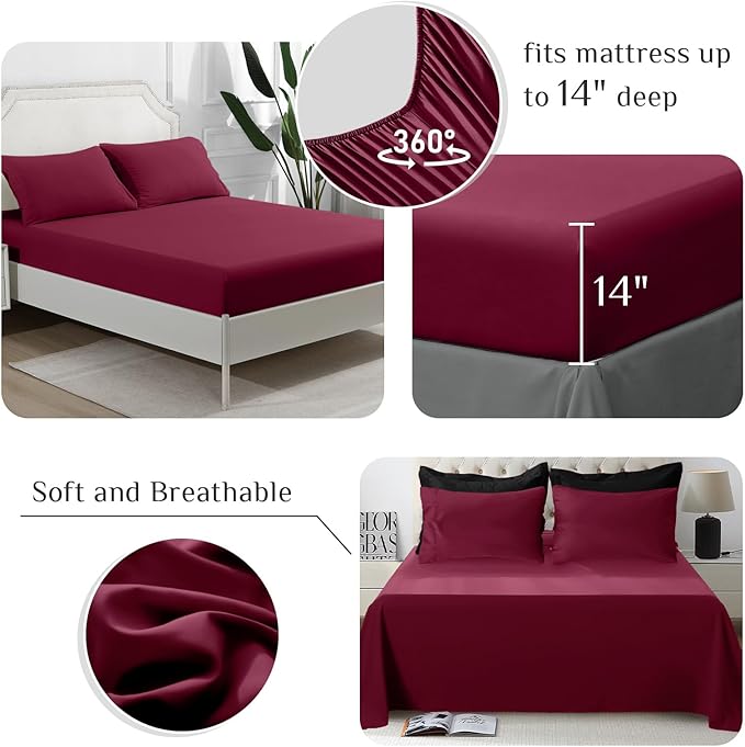 JOLLYVOGUE California King Comforter Set, Ultra-Soft Bed in a Bag 7 Pieces, Oeko-TEX Certified Bedding Set with Down Alternative Comforter, Sheets, Pillowcases & Shams, Black & Deep Burgundy