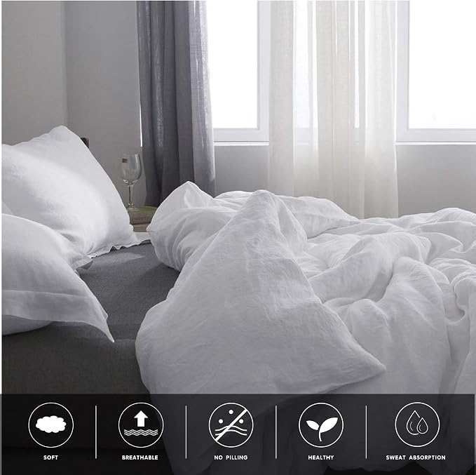 Simple&Opulence 100% Linen Duvet Cover Set 3pcs Basic Style Natural French Washed Flax Solid Color Soft Breathable Farmhouse Bedding with Button Closure - White, California King