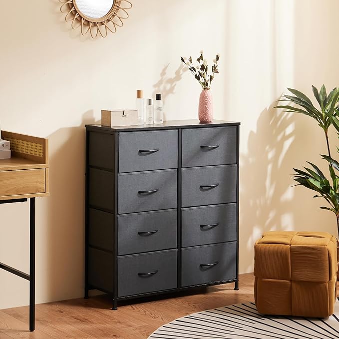 Sweetcrispy Dresser for Bedroom, Fabric Dresser with 8 Drawers, Ash | Chest of Drawers for Closet, Living Room, Sturdy Steel Frame, Wooden Top, Easy Pull Handle