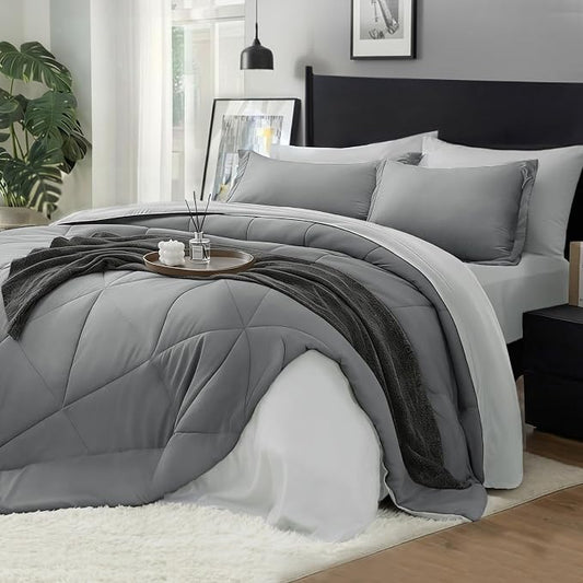 BEDELITE Queen Comforter Set 7 Pieces, Reversible Dark Grey Bed in A Bag | Soft All Season Down-Alternative Comforter, Sheets, Pillowcases & Shams, OEKO-TEX Certified Bedding for Bedrrom, Guest Room