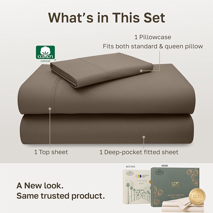 California Design Den 600 Thread Count Cotton Twin Sheet Set, 3 Pc Set | 100% Cotton Sateen Backed by Good Housekeeping Seal, Soft & Smooth, All-Around Elastic, Durable - Mushroom - Taupe Brown