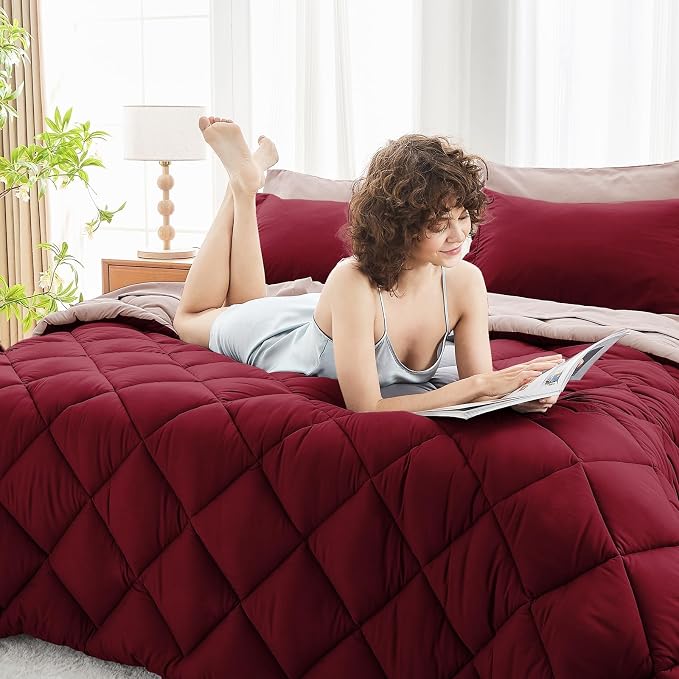 7 Pieces King Comforter Set, Reversible Bed in a Bag King Size, All Season Bedding Set with Comforter, Flat Sheet, Fitted Sheet, Pillowcases & Shams, Burgundy & Rose Gold