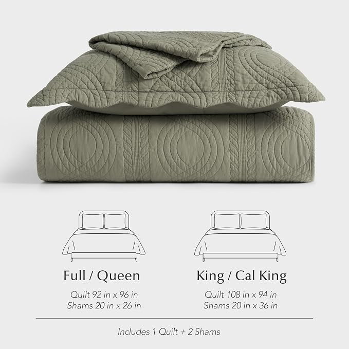 100% Cotton Scallop Quilt Set, King Size, Olive Green | Scalloped Border, Timeless Chic Aesthetic, All-Season Comfort, Perfect French Country Bedroom Decor, 3 Piece Set with 2 Shams