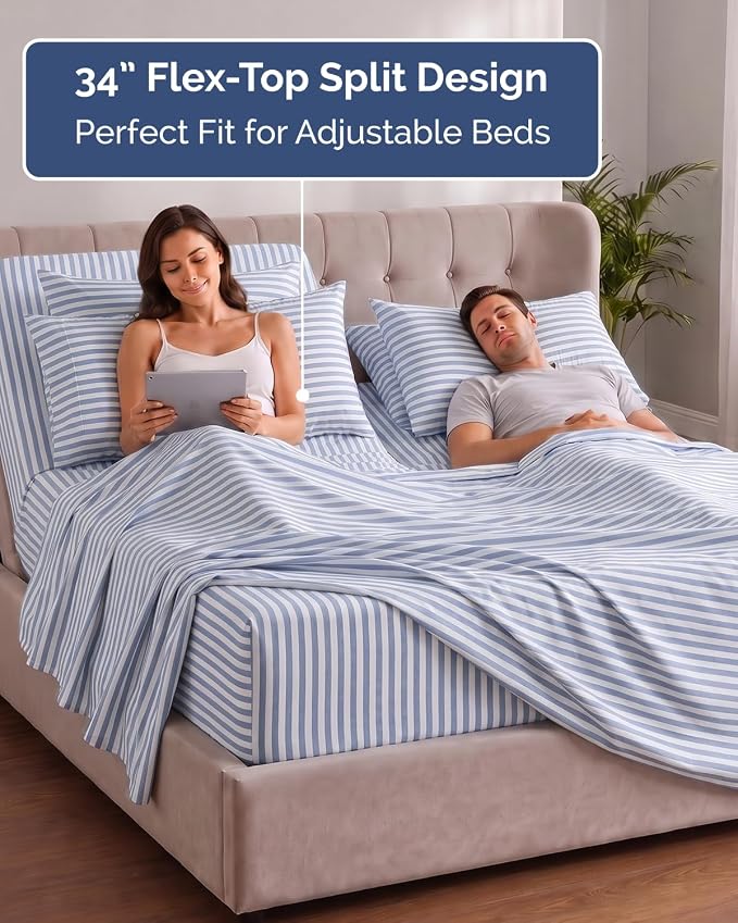 Extra Deep Flex Top Split Head King Sheet Set - 6 Piece Breathable and Cooling Sheets - Hotel Luxury Bedding for Women, Men, Kids & Teens - Easy Secure Fit - Extra Deep Pockets - Blue Stripes 2