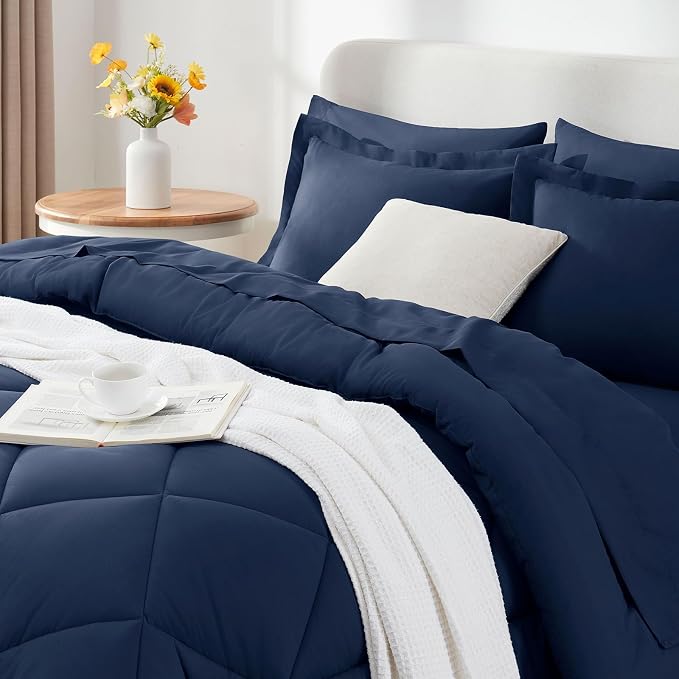 California King Size Comforter Set Navy - 7 Pieces Bed in a Bag | OEKO-TEX Certified, All Season, 240GSM Down-Alternative Comforter, Sheets, Pillowcases & Shams, 14" Deep Pocket, Easy Care
