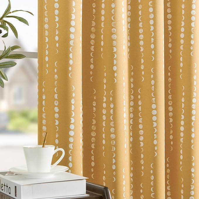 jinchan 95% Blackout Boho Curtains 84 Inches Long Mustard Moon Phases Printed Drapes Rod Pocket Thermal Insulated Curtains for Bedroom Nursery Yellow Window Drapes Curtain Set 2 Panels | Mustard Yellow Farmhouse Curtain for Bedroom Living Room Back Tab...