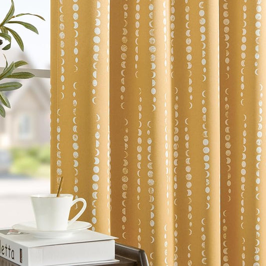 jinchan Boho Blackout Curtains 96 Inches Long Moon Phase Printed Drapes | Mustard Yellow Farmhouse Curtain for Bedroom Living Room Back Tab Rod Pocket Drapes Room Darkening Window Treatment 2 Panels