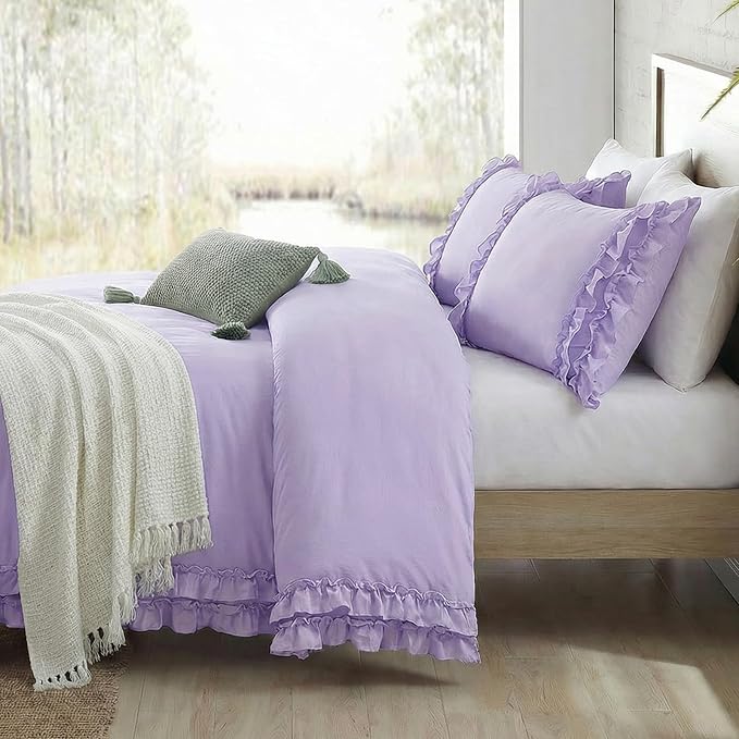 Bedrom Ruffled Duvet Cover Queen Light Purple Bedding Set Shabby Chic Lace Ruffle Bedroom Set Lilac Purple Aesthetic Boho Duvet Cover Set for Girls Women