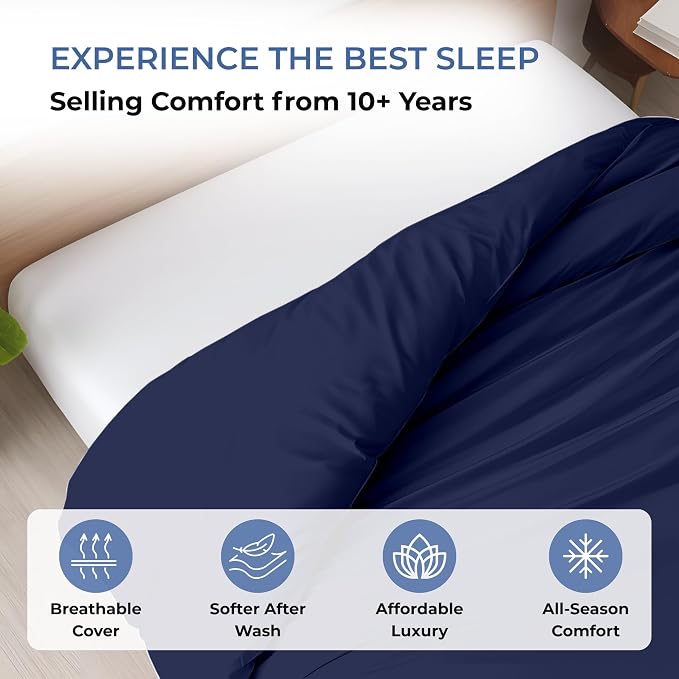 1 Pc Duvet Cover King Size-100% Egyptian Cotton 600 Thread Count Ultra Soft Premium Durable Comforter Cover Zipper Closure & Corner Ties - (Navy Blue, 104" X 94")