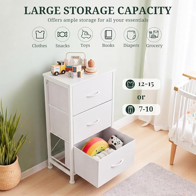 3 Drawers Dresser for Bedroom Fabric Storage Tower with Wooden Top | Steel Frame Chest of Drawers for Closet Entryway Dorm and Small Spaces, White